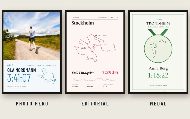Three finisher posters: Photo Hero, Editorial and Medal styles
