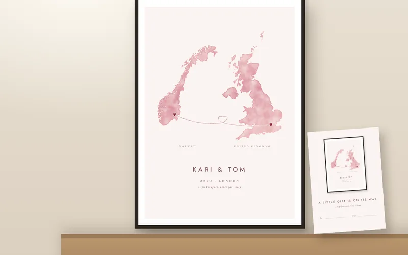 Framed map print of Norway and the United Kingdom with a heart on Oslo and London