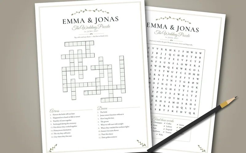 Printed wedding crossword and word search with the couple's names