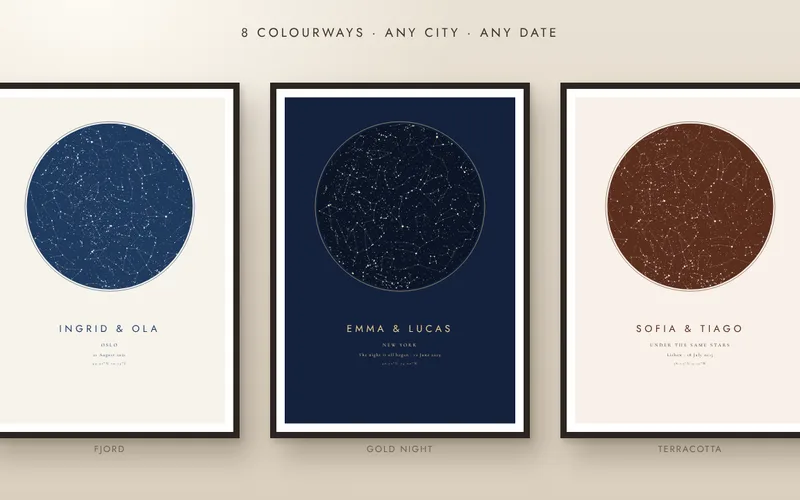 Three star map prints in blue, navy and terracotta
